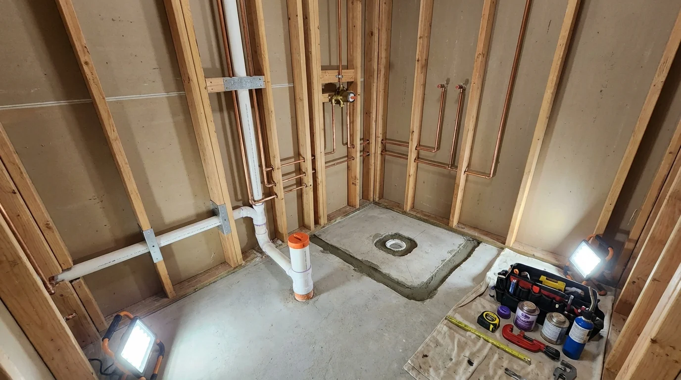Bathroom rough-in plumbing during remodel by Johns Plumbing LLC in Franklin Square