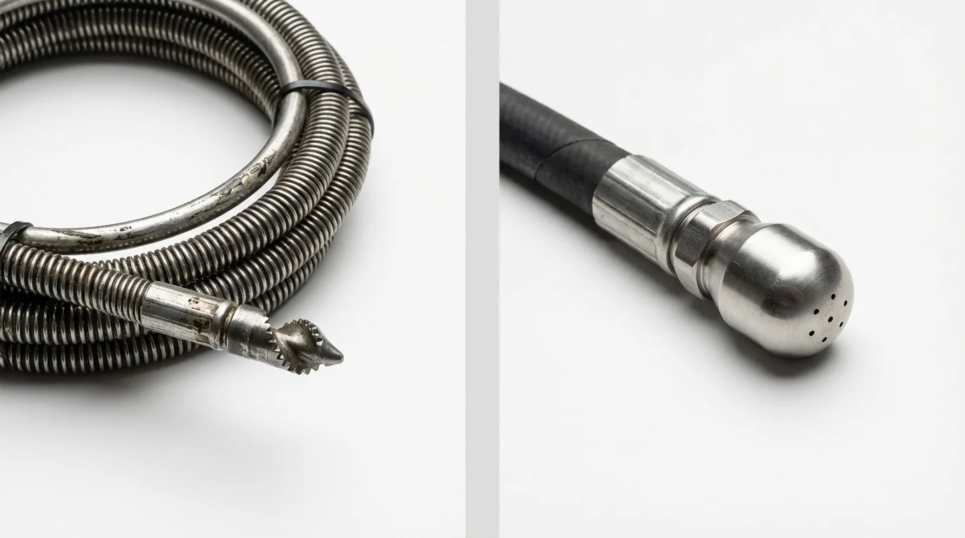 Drain snake cable and hydro jetting nozzle used for drain cleaning in Franklin Square, NY