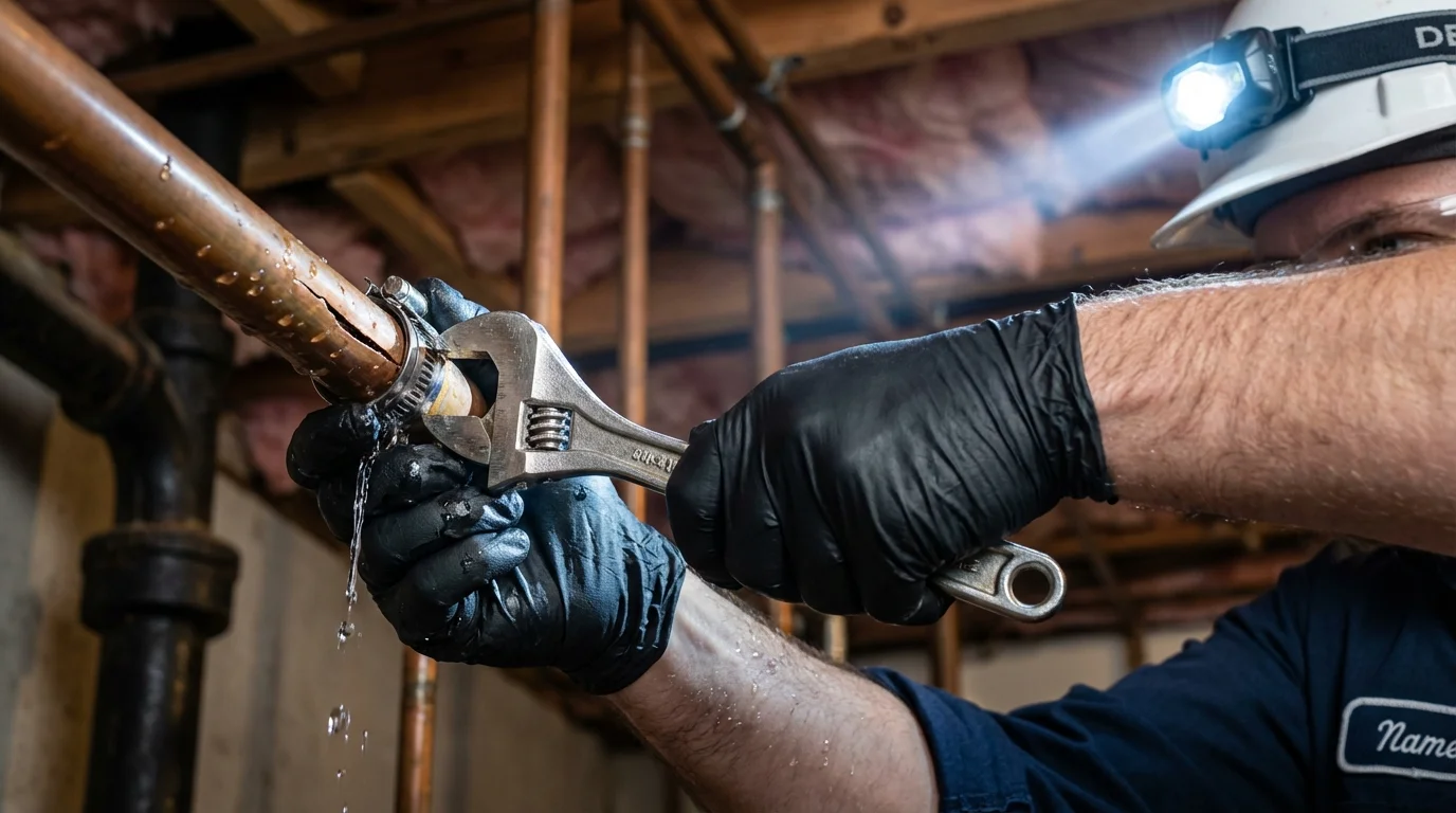 Emergency pipe clamp repair being performed by a Johns Plumbing LLC plumber in Franklin Square
