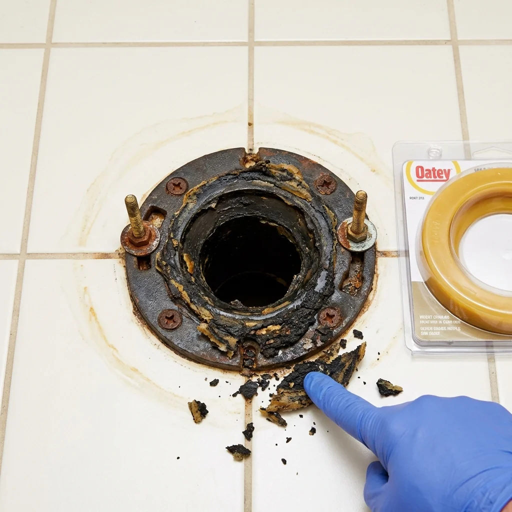 Failed wax ring showing water seepage at the base of a toilet in a Franklin Square, NY home