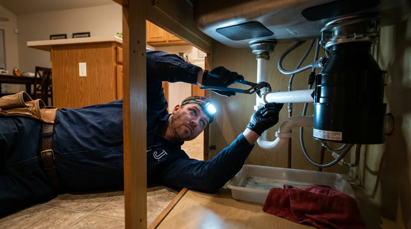 P-trap and supply line connections under a kitchen sink showing a common leak point in Franklin Square, NY